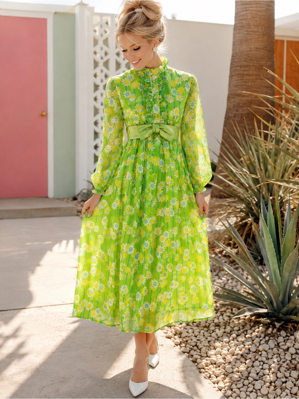 Vintage Green  Floral Maci Dress with Bow Waist